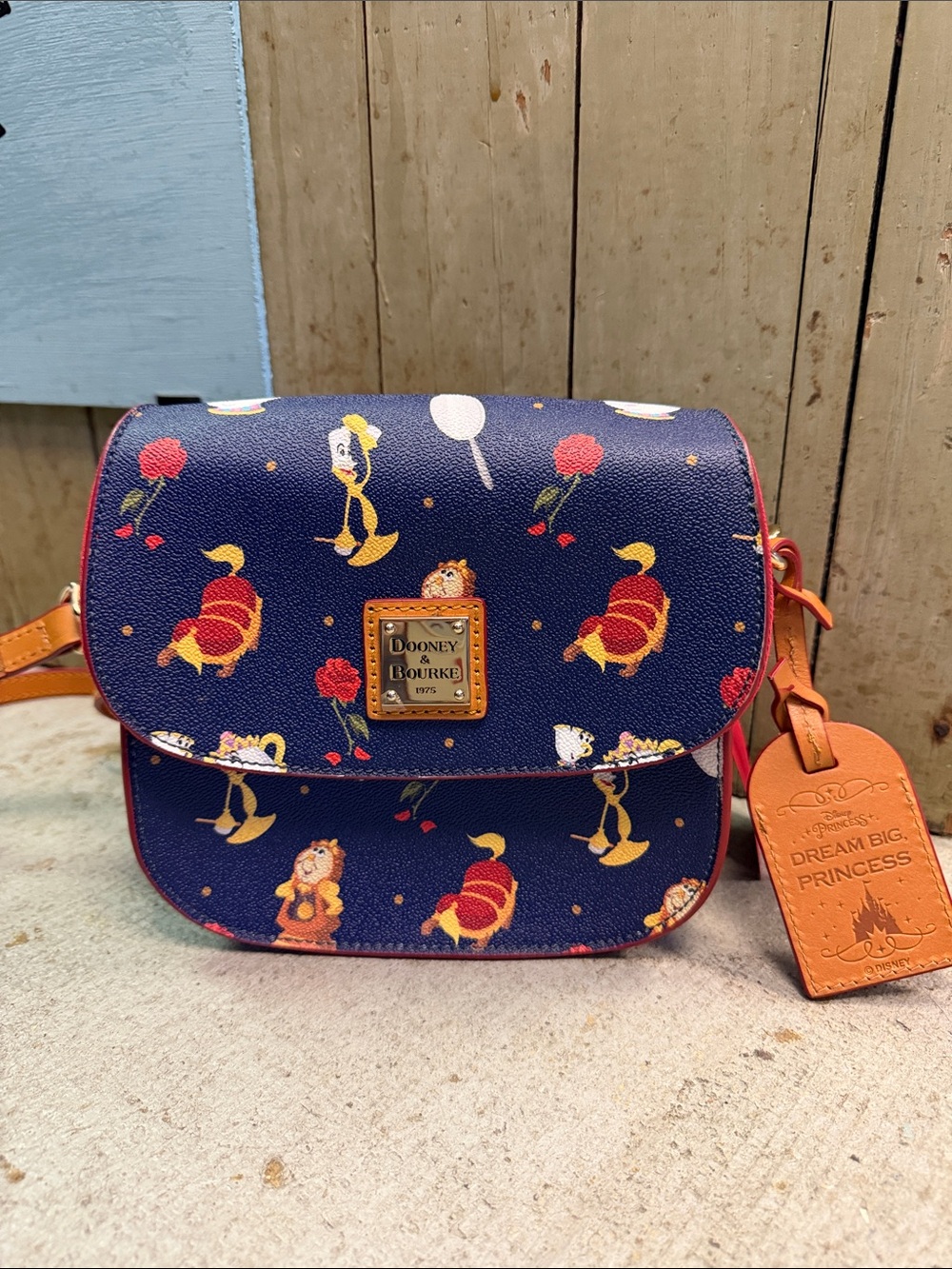 NWOT Dooney & Bourke Navy Blue Beauty & The Beast Print Crossbody w/ Belle Tag